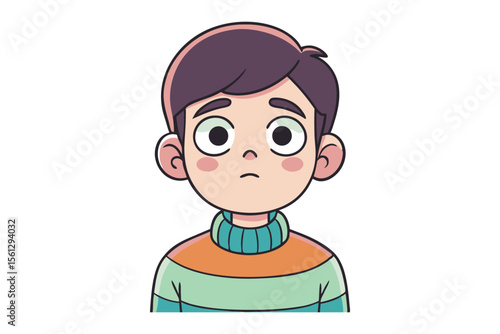 Boy's expression: A cartoon illustration of a young boy expressing a neutral, curious emotion, perfect for storytelling, design, or conveying the subtleties of childhood feelings. 