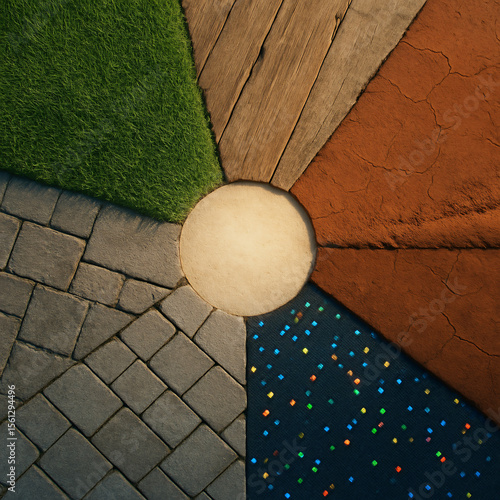 Aerial view of five intersecting pathways made of grass, wood, clay, stones, and tiles