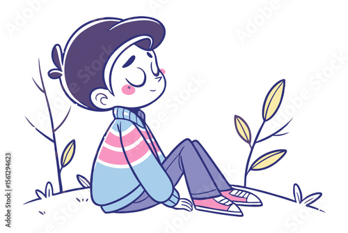 Contemplative Young Boy: A cute boy sits peacefully, eyes closed, in a moment of quiet reflection, showcasing a childlike innocence in this sweet illustration.