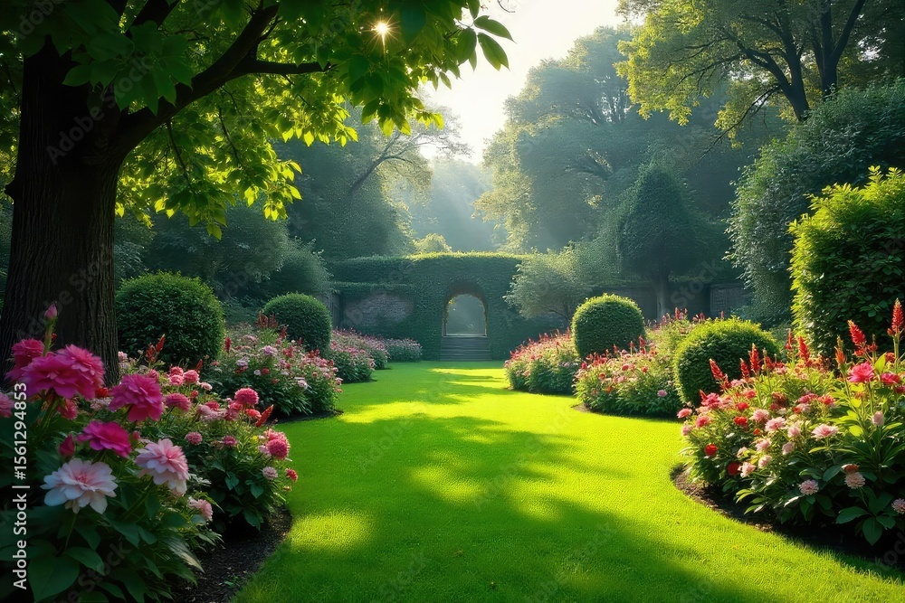 Fototapeta premium Sun-Dappled Victorian Garden in Full Bloom Romantic & Elegant Flowers, Lush Lawns, Perfect for Historical, Nature, and Wedding Projects