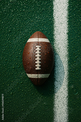 Close-up of American football wet with rain, positioned next to white sideline on green turf