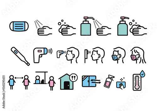 Cartoon disinfection temperature measurement hand washing icon
