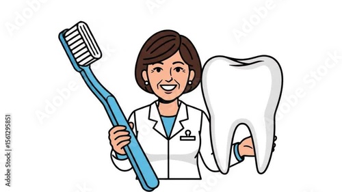 Smiling Dentist Holding a Huge Tooth and Toothbrush Promoting Oral Hygiene and Healthy Teeth