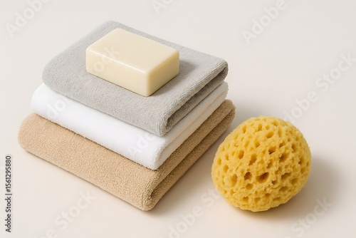Cleanliness is close to godliness as illustrated by a stack of soft towels, a bar of soap and natural bath sponge.
