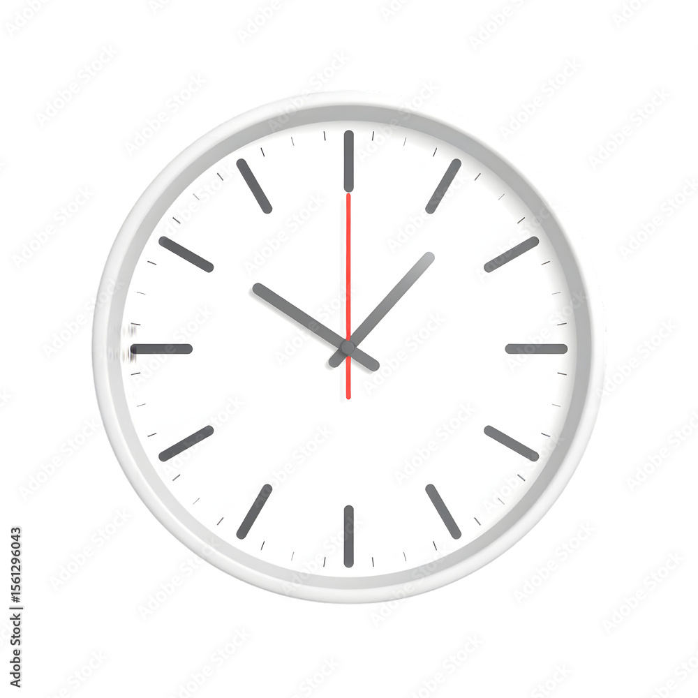 Modern white wall clock with red second hand isolated on transparent background Modern white wall clock with red second hand isolated on transparent background