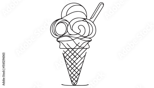 Continuous one single minimal line drawing ice cream