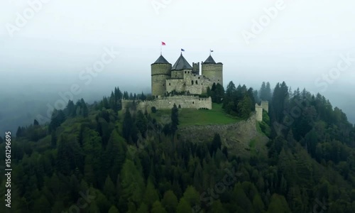 Wallpaper Mural Create an aesthetic drone video slowly rising from a dense forest to reveal a panoramic overlook of an ancient castle perched on a hilltop, shrouded in fog. Include slow fades and atmospheric ambient  Torontodigital.ca