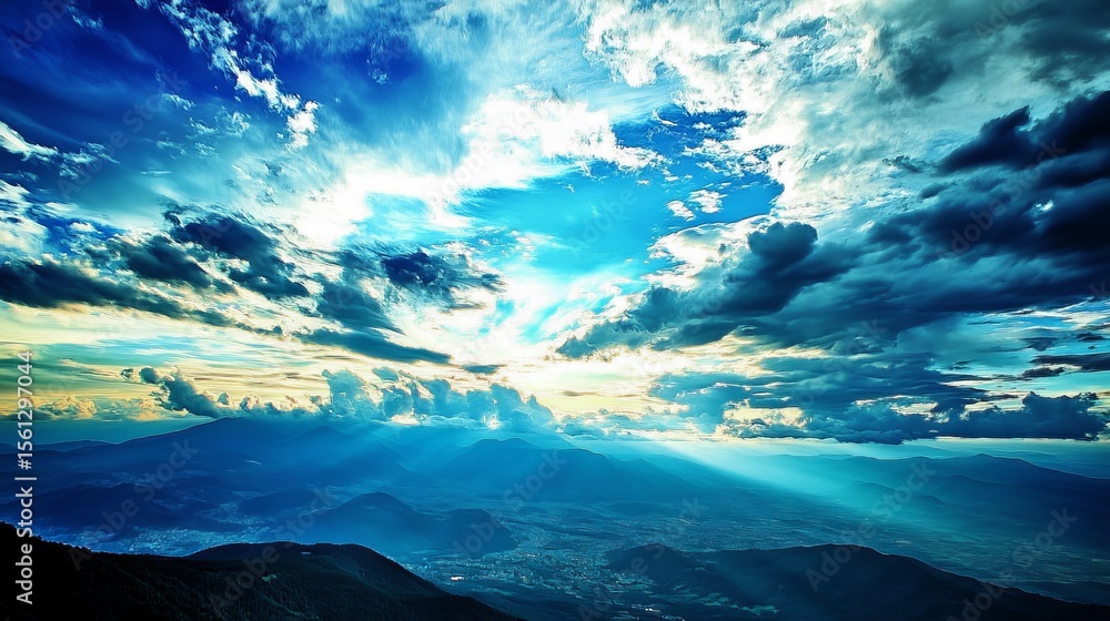 Fototapeta premium Dramatic sunset over mountainous landscape, vibrant blue hues and sun rays pierce through clouds, casting shadows on valley below