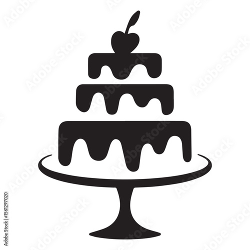 Three tiered cake with cherry on stand black and white art