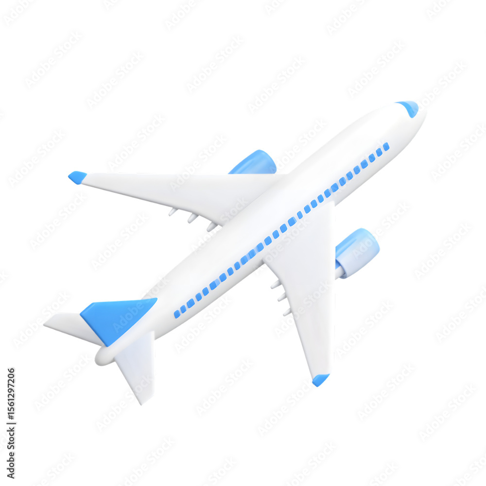 Obraz premium Modern white passenger airplane with blue accents flying isolated on transparent background