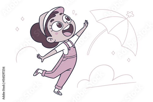 Joyful Girl and Umbrella: An excited child's whimsical delight with an outline umbrella and cloudy sky, expressing freedom and joyful emotions in a playful style.