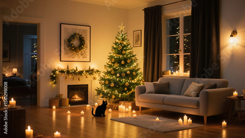 christmas tree and fireplace