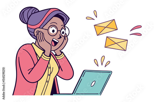 Excited woman with glasses reacts to incoming emails on her laptop celebrating digital communication and online success