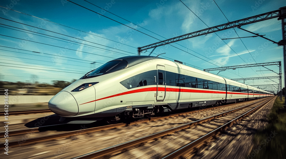 Fototapeta premium A modern aerodynamic white high-speed train with a distinctive red stripe travels rapidly along a railway line captured with motion blur against a clear blue sky