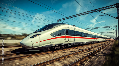 A modern aerodynamic white high-speed train with a distinctive red stripe travels rapidly along a railway line captured with motion blur against a clear blue sky