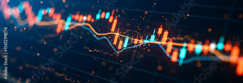 Abstract financial chart with lines and points against a dark blue background.