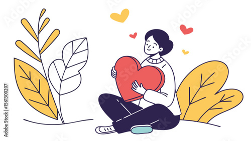 Illustration of a person sitting cross legged holding a heart with plants and floating hearts around them