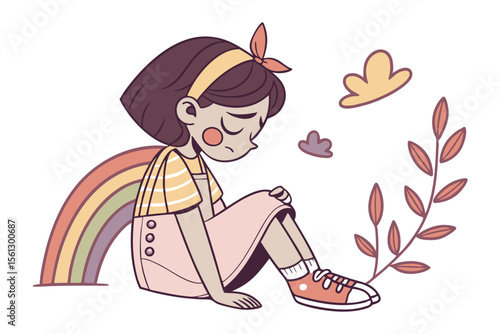 Harmony in Solitude: A whimsical illustration captures a young girl, adorned with a vibrant rainbow and delicate foliage, as she finds solace in quiet introspection.