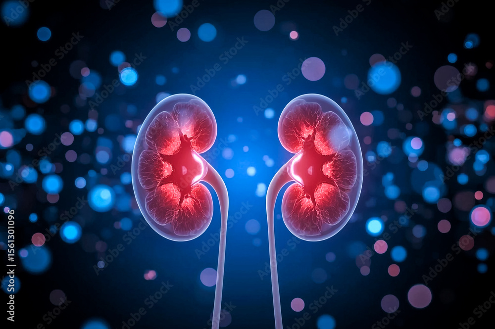 A visually striking 3D illustration showcases a pair of human kidneys their internal structures illuminated with a vibrant red glow The background features a dark blue expanse with scattered bokeh A visually striking 3D illustration showcases a pair of human kidneys their internal structures illuminated with a vibrant red glow The background features a dark blue expanse with scattered bokeh