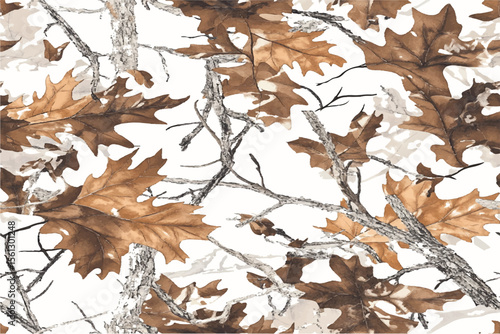 A realistic photo of white camouflage with brown leaves and branches.Useable for hunting and military purposes.