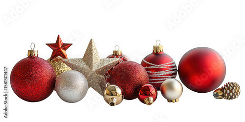 Collection of festive red and gold christmas ornaments and stars isolated on transparent background