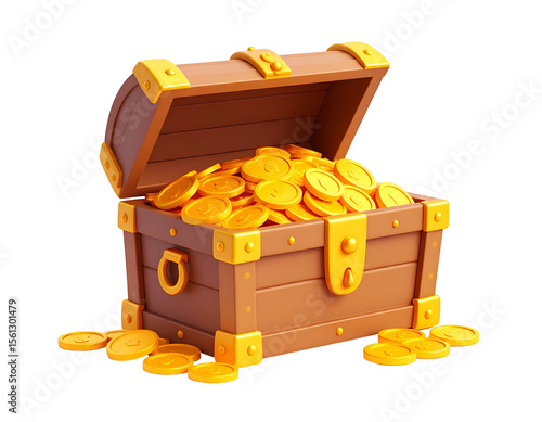 3D Wooden Treasure Chest Filled with Gold Coins