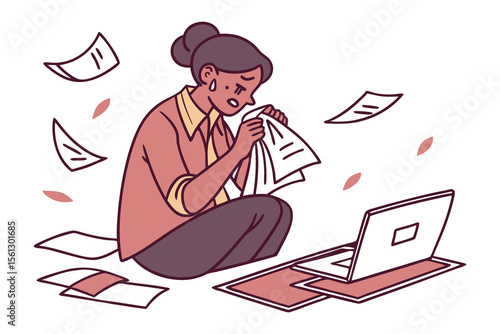 Overwhelmed woman crying while holding a tissue and looking at scattered papers and a laptop symbolizing stress and frustration