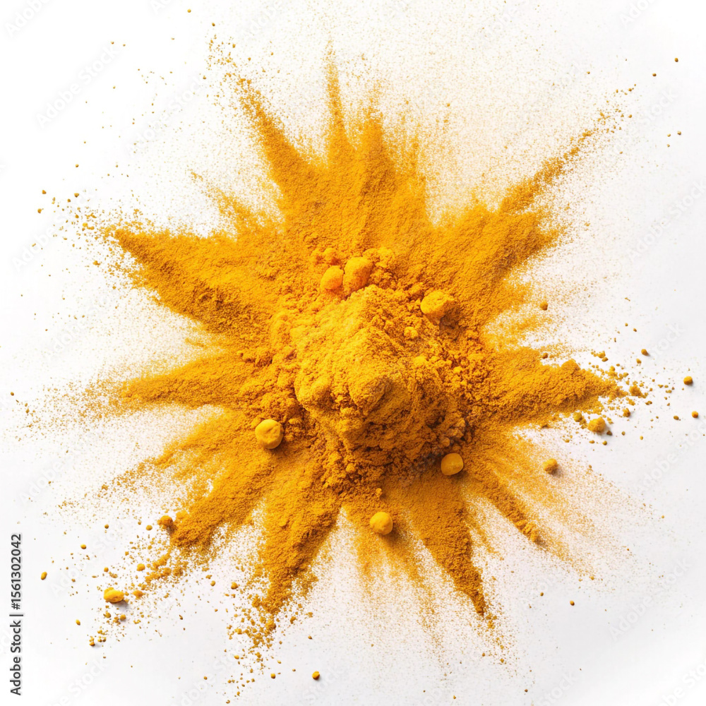 Vibrant Turmeric Powder Explosion on a White Surface, Creating a Starburst Effect with Bright Yellow and Orange Hues, Ideal for Culinary and Health-Related Themes isolated on white background Vibrant Turmeric Powder Explosion on a White Surface, Creating a Starburst Effect with Bright Yellow and Orange Hues, Ideal for Culinary and Health-Related Themes isolated on white background