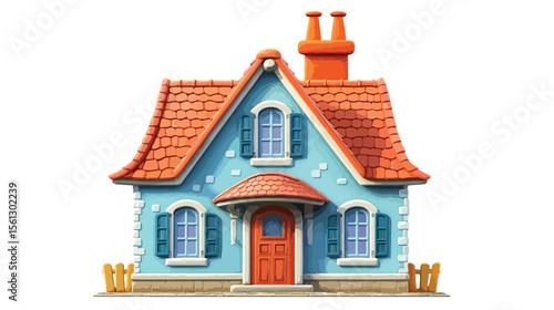 Charming Blue House with Red Roof and Orange Chimney