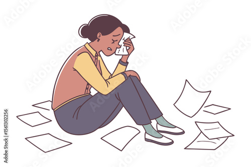 Overwhelmed woman sitting amidst scattered papers crying and holding a tissue in a depicting stressful work or life situation