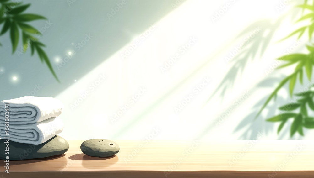Obraz premium A tranquil spa scene unfolds on a wooden surface Stacked white towels and smooth stones rest under dappled sunlight with soft green leaf shadows creating a calming atmosphere