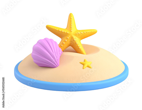 3D Illustration Summer Beach Sand Starfish Seashell