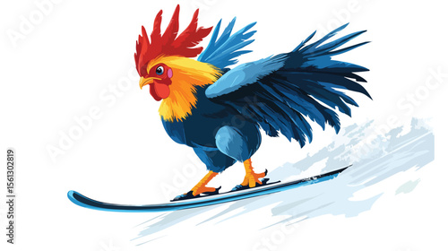 Blue Rooster Flies Skiing Isolated on White Background