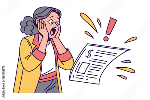 Shocked woman reacts to financial document with dollar sign exclamation mark and yellow splashes indicating surprise
