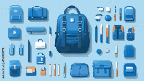 Modern Blue School Bag Equipment Flat Vector Illustration