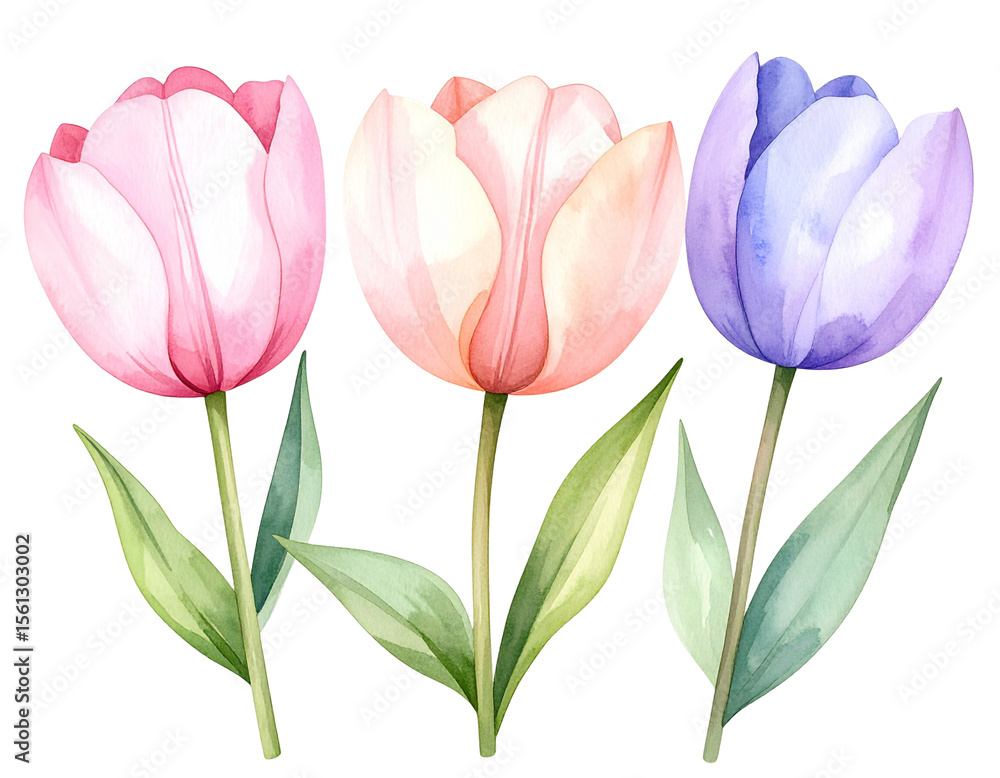 Fototapeta premium Watercolor Painted Tulip Trio in Pastel Shades, isolated on a transparent background
