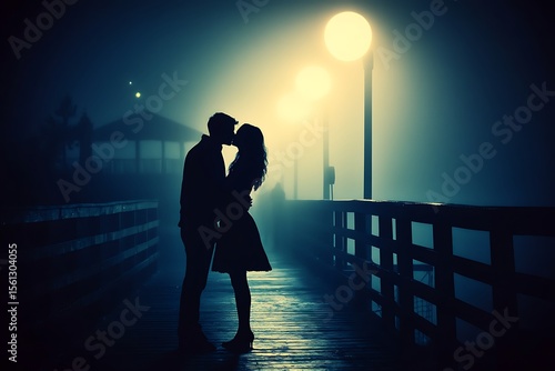 Romantic couple embrace on pier misty night setting photograph intimate atmosphere silhouetted view love concept