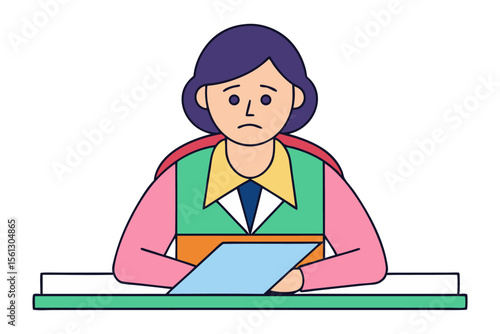 Sad woman sitting at a desk holding a paper with a disappointed expression and colorful geometric clothing