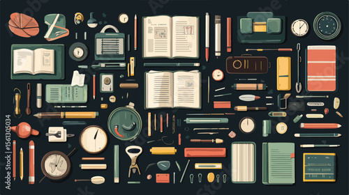 Flat Vector Illustration of Books and Education Supplies for Learning and School Concepts
