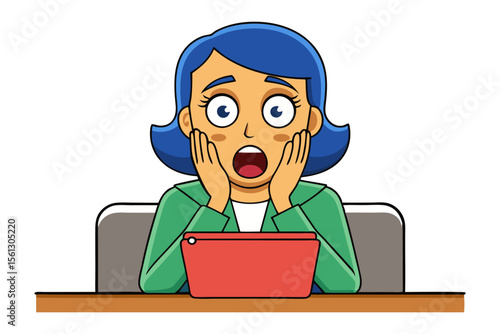 Shocked woman with blue hair and wide eyes reacting to something unexpected on her laptop screen
