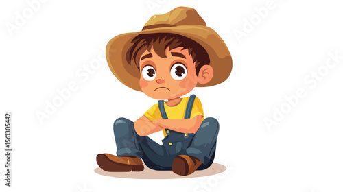 Sad Bored Boy in Farmer Overalls Cartoon Character