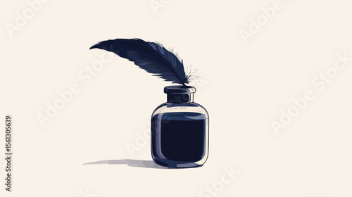 Vintage Ink Bottle with Feather Flat Vector Illustration
