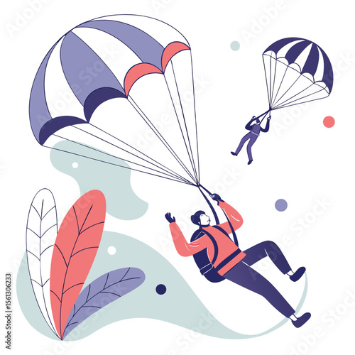 Illustration of two skydivers descending with parachutes in a stylized outdoor environment scene design