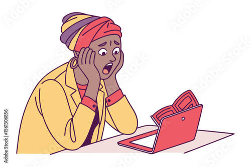 Shocked woman with hands on face stares at a laptop screen with an open book displayed conveying surprise or dismay