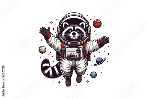 A raccoon in a spacesuit, floating in space,flat vector art, white background