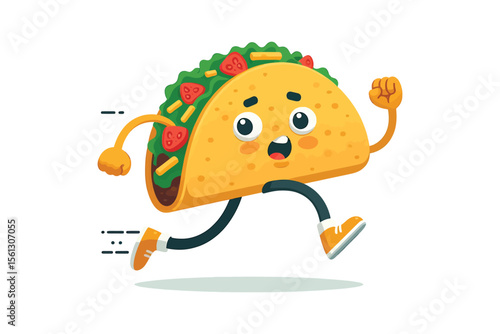 A taco with arms and legs, running from a hungry person, flat vector style, white background