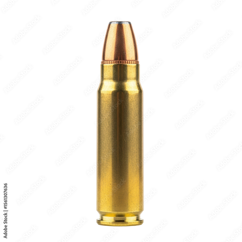 A single golden rifle ammunition cartridge with a copper bullet tip, standing upright. Ideal for themes related to hunting, shooting, defense, or military. A single golden rifle ammunition cartridge with a copper bullet tip, standing upright. Ideal for themes related to hunting, shooting, defense, or military.