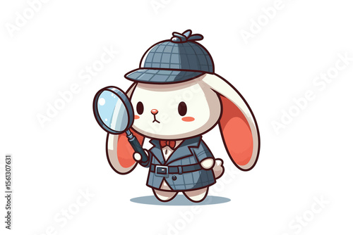 A rabbit in a detective costume, magnifying glass in hand, flat vector art, white background