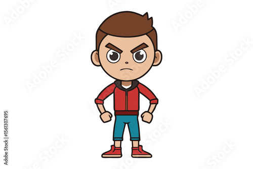 Frustrated Expression: A cartoon illustration shows a young boy with an angry expression on his face, arms at his side. The boy's features are exaggerated to convey strong negative emotion.