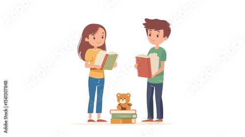 Young Boy and Girl Volunteers with Books and Teddy Bear